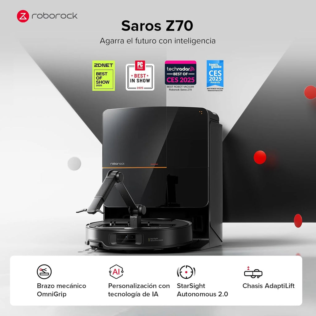 Roborock Saros Z70 Robô Aspirador com Braço Mecânico OmniGrip Dobrável de 5 Eixos, Sucção de 22000 Pa, Sistema Duplo Antiemaranhamento, Design Ultrafino de 7,98 cm e Desvio de 108 Tipos de Obstáculos, Preto