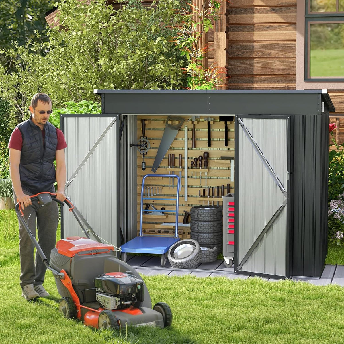 COSTWAY Abrigo de Jardim Exterior, 235 x 117 x 185 cm, Abrigo de Jardim Exterior com 2 Portas, Telhado Inclinado, Abrigo Organizador de Metal Galvanizado, Organizador de Ferramentas para Jardim e Pátio