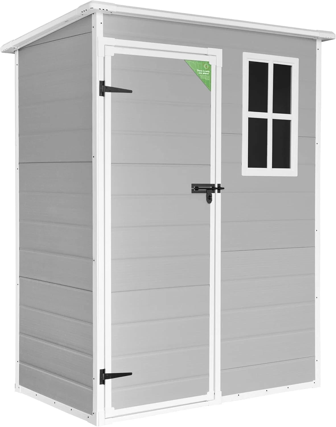 Wasabi - Armário de Resina para Jardim Unidade 1.4 – Janela de Luz Natural - Chão Incluído - Painéis de 12mm de Espessura - Cinza Branco - Galpão de PVC para Armazenamento Exterior - 1,37m2 - Telhado Plano
