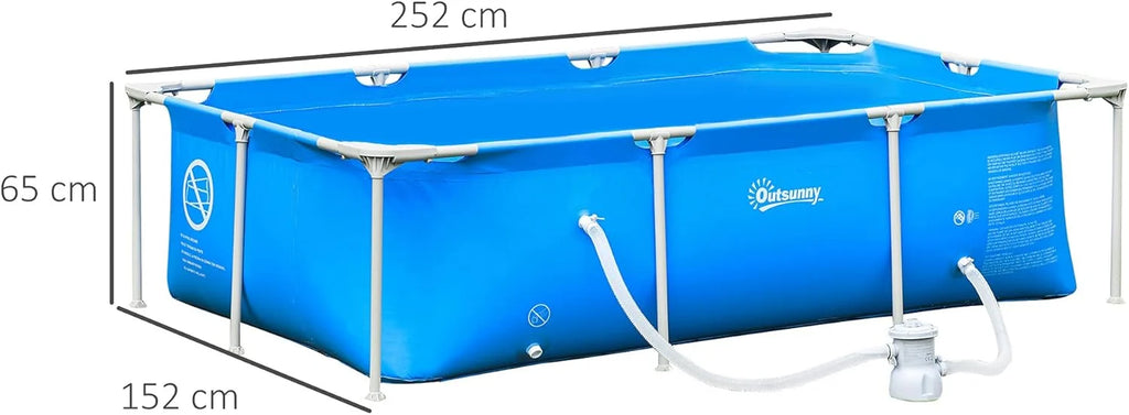 Outsunny Piscina Desmontável Tubular 252x152x65 cm com Bomba Filtrante de Cartucho 1200L/H Piscina Retangular Exterior para Adultos e Crianças 2163L Azul