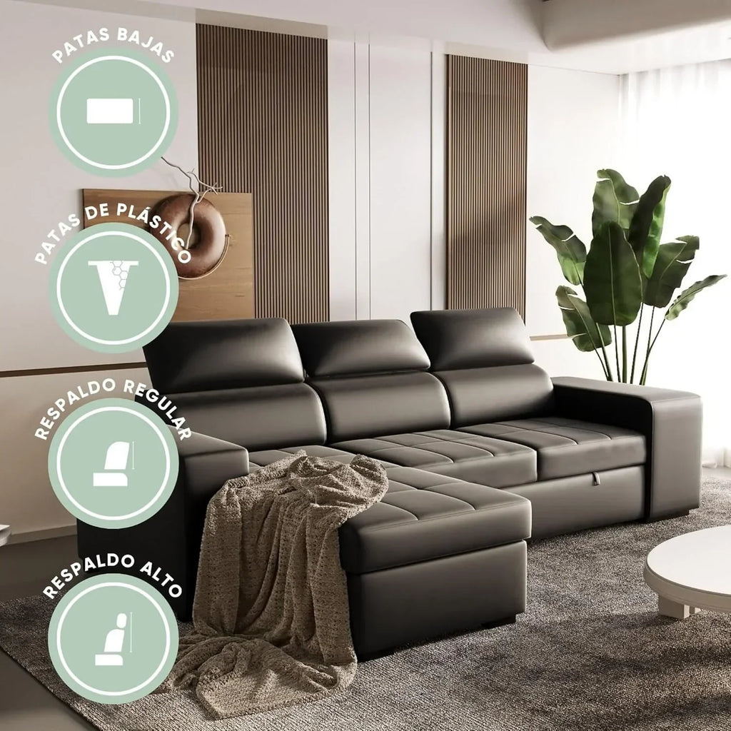 BUDWING John Sofá-Cama de Canto 4 Lugares - Chaise Longue Reversível, Apoio de Cabeça Ajustável e 2 Pufes – Estofado em Poliuretano – Estilo Moderno – 263x161x96 cm – Preto