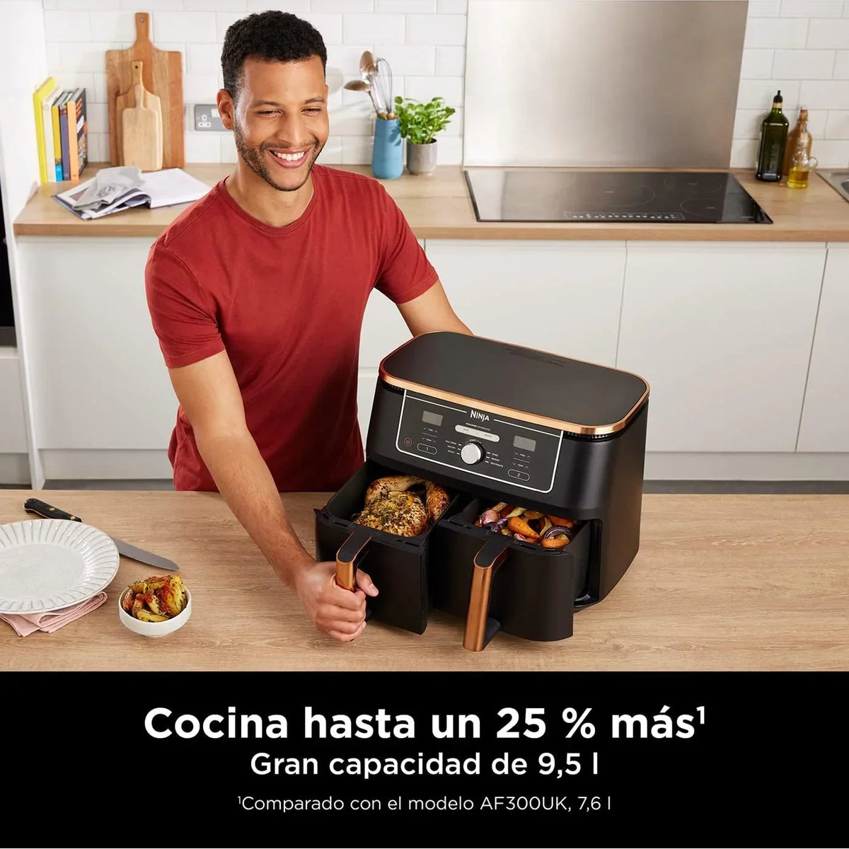 Fritadeira Ninja Foodi MAX de Compartimento Duplo, 9.6L, 6 em 1, Sem Óleo, Max Crisp, Assar, Grelhar e Mais, Pinças, 8 Porções, Cestos Antiaderentes, Cobre e Preto, AF400EUCP
