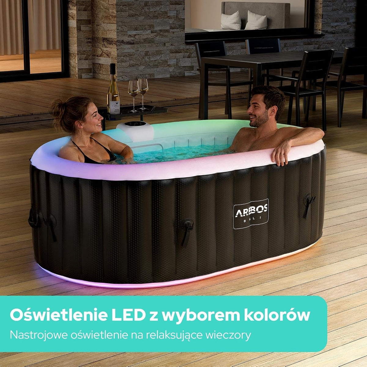 Arebos Spa Inflável com Luz LED | Inflável | Interno e Externo | Oval 190x120 cm | 2 Pessoas | 90 Jatos de Massagem | com Aquecimento | 550 Litros | Capa Inclusa | Spa de Bolhas