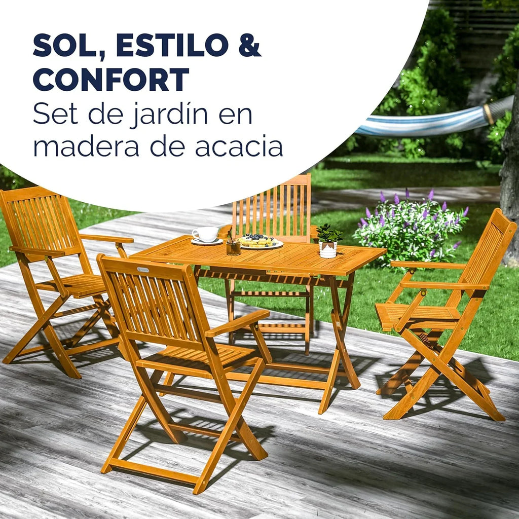 CASARIA® Conjunto de Mesa e 4 Cadeiras para Jardim Externo FSC® Madeira de Acácia Conjunto de Jantar Varanda Terraço Pátio 5 Peças Mesa Dobrável Assentos Braços Durável Resistente às Intempéries 120 x 70 cm