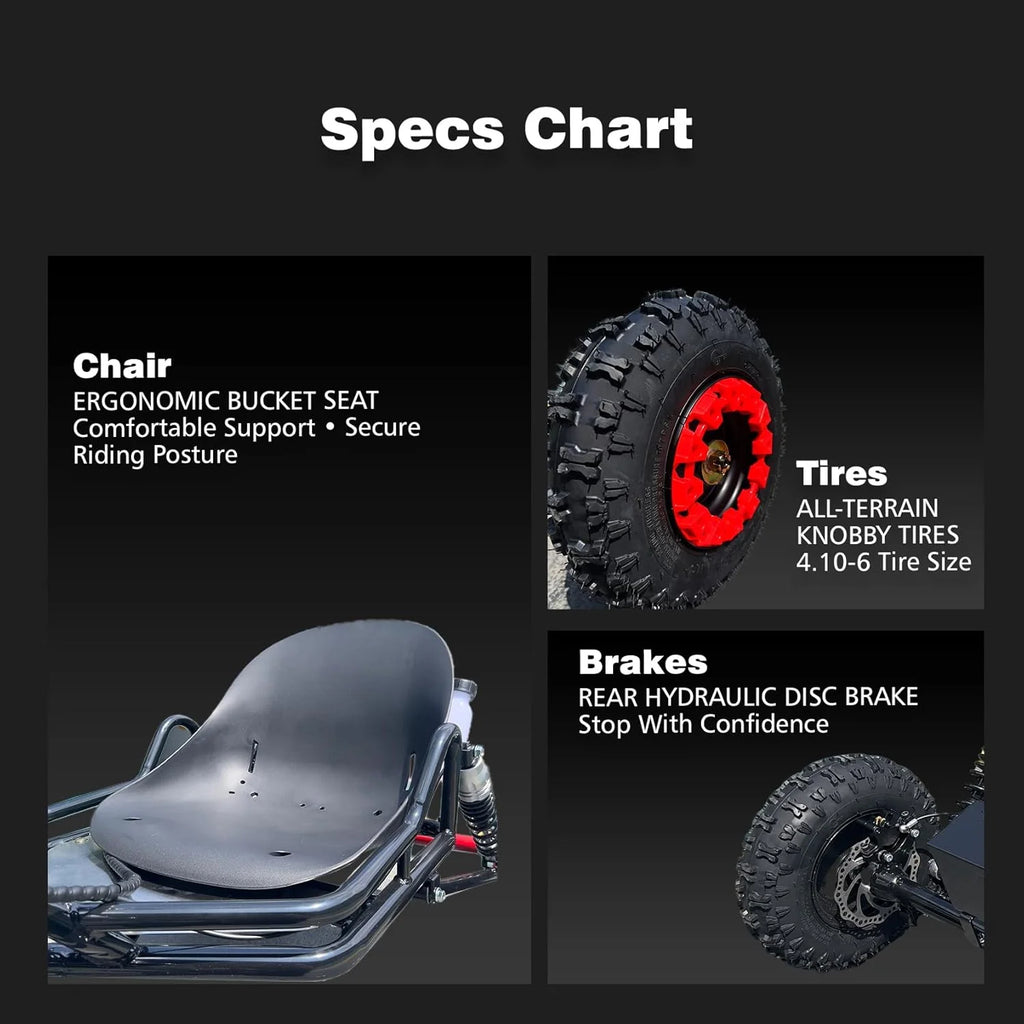 Kart Elétrico 48V para Adultos e Crianças - Motor 2000W (20-60 km/h), Pneus Todo Terreno 6'', Bateria 10.4Ah (Autonomia 19+ km), Capacidade 200 kg, 3 Modos de Velocidade, Luzes LED