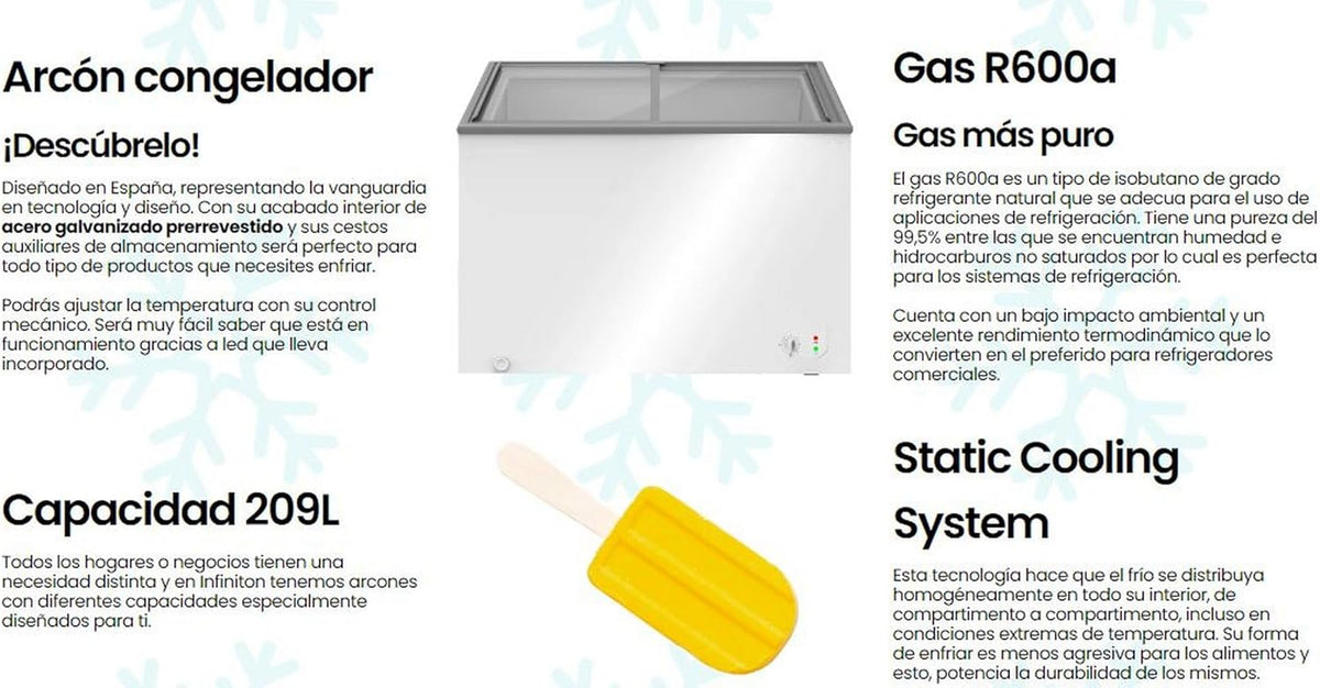 INFINITON Arca Congeladora Industrial FCH-209CC82WEC, 209 Litros, Porta com design Flat door, Controle de temperatura Mecânico, D, Rodas, Fecho de segurança com chave