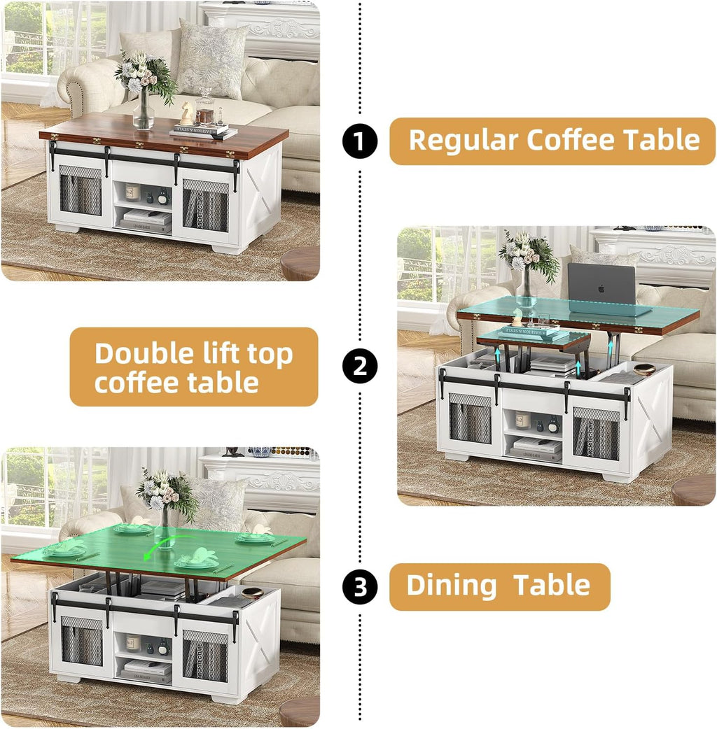 VOWNER Mesa de Centro Elevatória, Mesa Extensível, Multifuncional 3 em 1 com Armazenamento Oculto - Sala de Jantar, Conversível, Estilo Fazenda, Nogueira