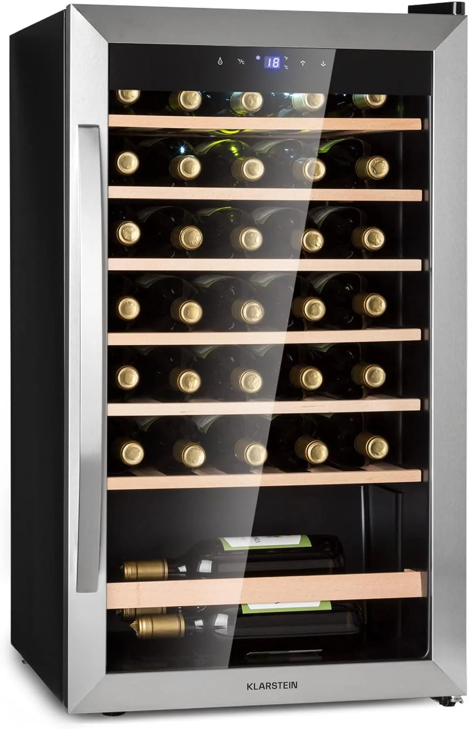 Klarstein Vinoteca 36 Garrafas, Frigorífico de Vinhos, Zona Única de Refrigeração, Frigorífico Expositor de Vinhos e Cervejas, Vinoteca para Interiores e Exteriores com Porta de Vidro, Frigorífico de Vinhos com Proteção UV, 4-18°C