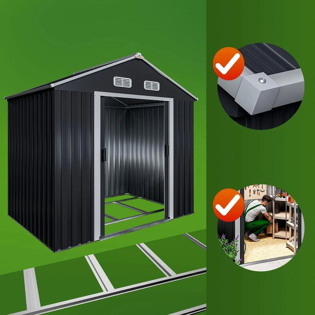 GARDEBRUK® Galpão de Jardim 2 m² 196x132x188cm Armazenamento de Metal Exterior 4m³ com Base Porta Deslizante Antracite