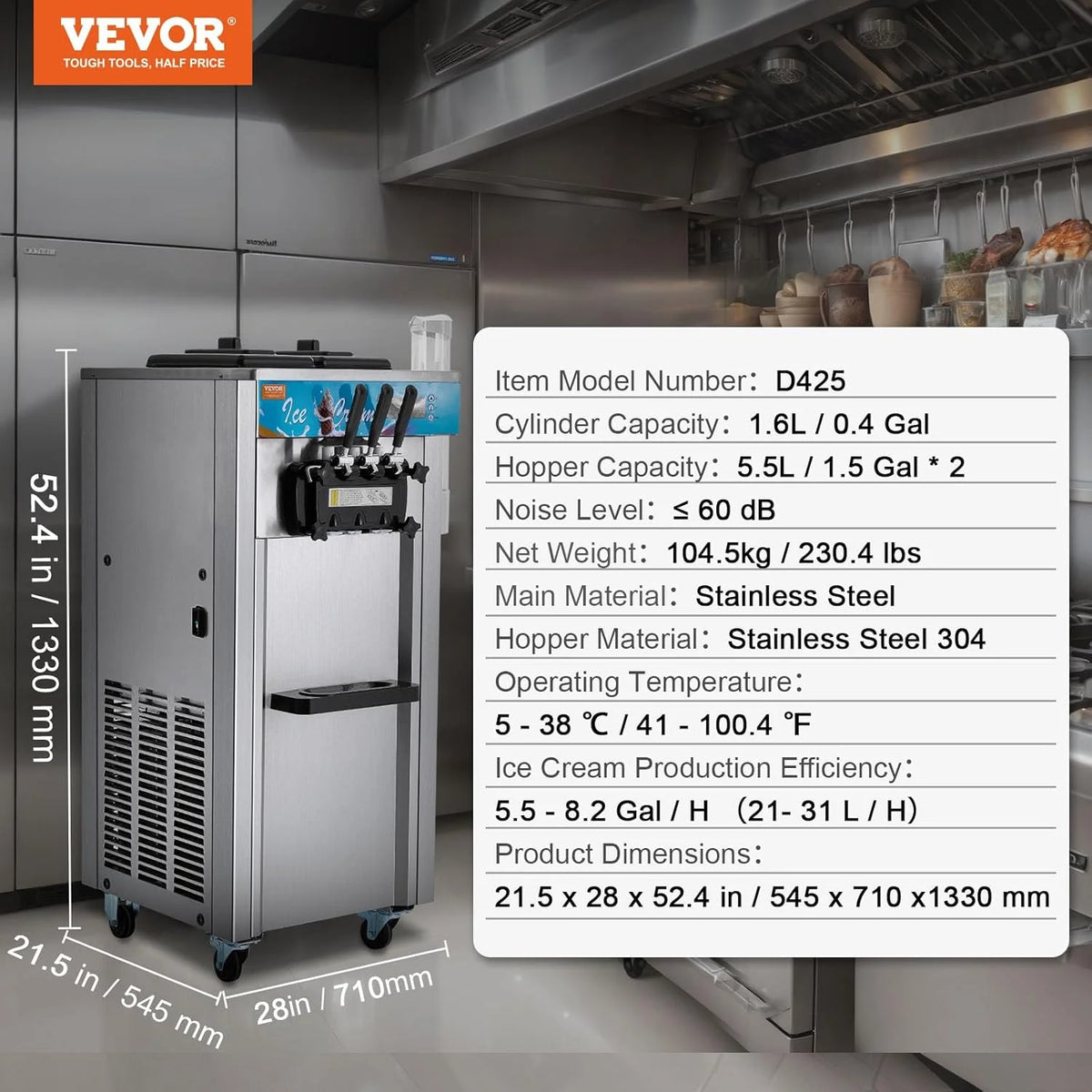 Máquina de Sorvete Comercial VEVOR 21-31 L/h 1500 W 3 Sabores Máquina de Fazer Sorvete 2 Tremonhas de 5,5 L Independente Pré-Resfriamento Limpeza Automática para Restaurante Bar Mercado Loja