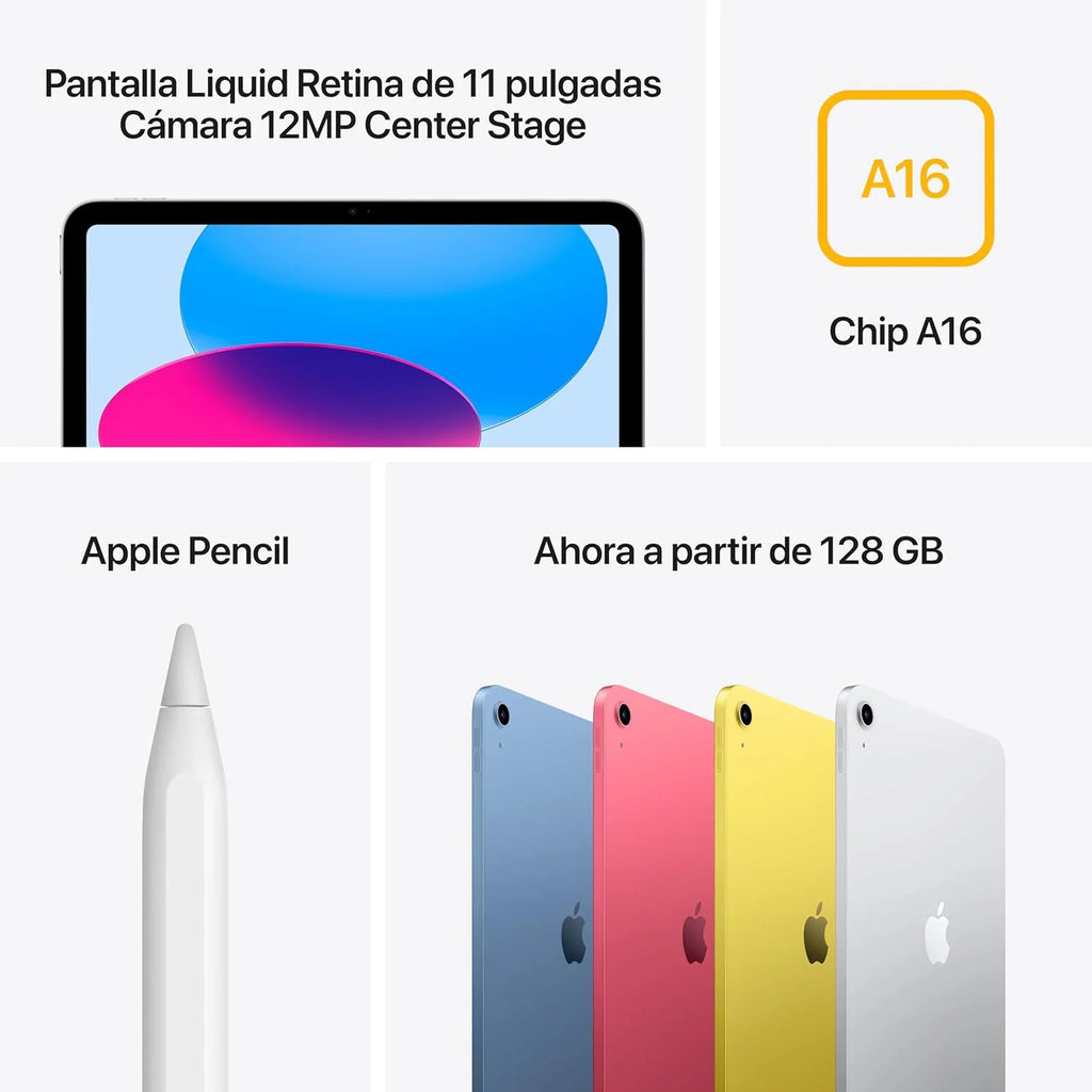 iPad de 11 polegadas: Chip A16, modelo de 11 polegadas, tela Liquid Retina, 128 GB, Wi-Fi 6, câmeras frontal e traseira de 12 MP, Touch ID, bateria que dura o dia todo – Prateado