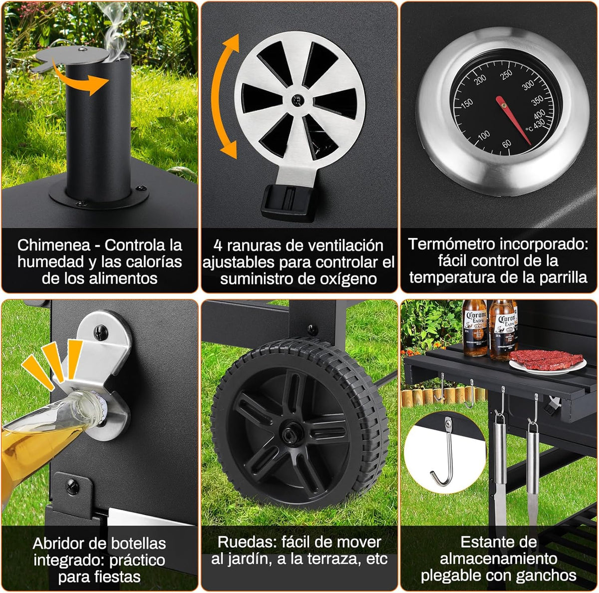 Churrasqueira a Carvão XXL, Churrasqueira a Carvão com Chaminé e Tampa, Churrasqueira com Carrinho, Defumador de Churrasco com Rodas e Termômetro, Churrasqueira Grande a Carvão para Acampamento e Jardim