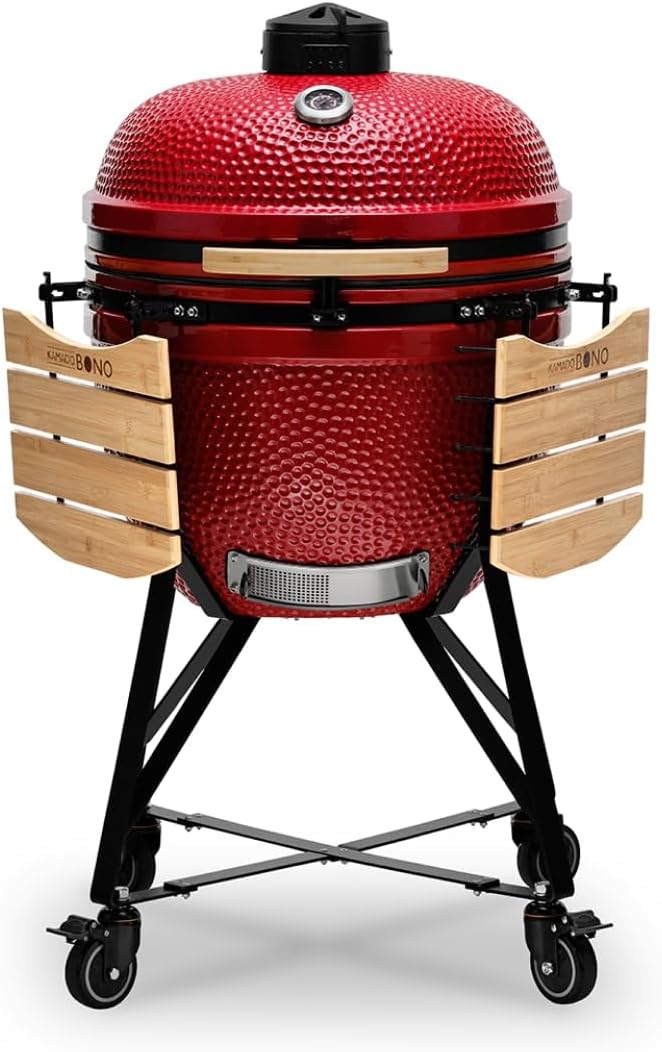 Kamado BONO BBQ - Churrasqueira Grande XXL com 10 acessórios - Ø 64 cm Churrasqueira Kamado com Acessórios - Grelhador defumador vermelho para terraço, varanda ou jardim