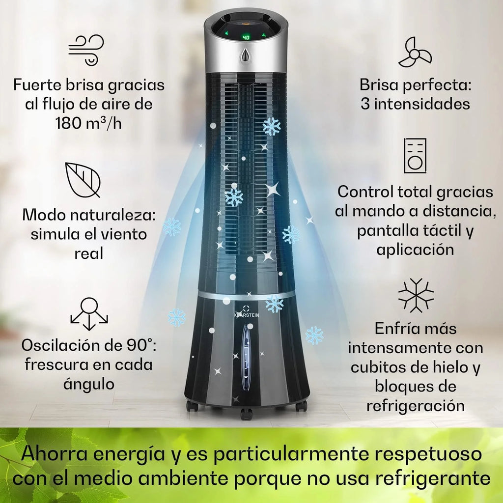 Klarstein Skyscraper Ice Smart Climatizador Evaporativo – 4 em 1: Ventilador, Resfriador, Purificador & Umidificador, 210 m³/h, Controle por App & Alexa, Tanque de 6L, Oscilação, Ionizador, Preto