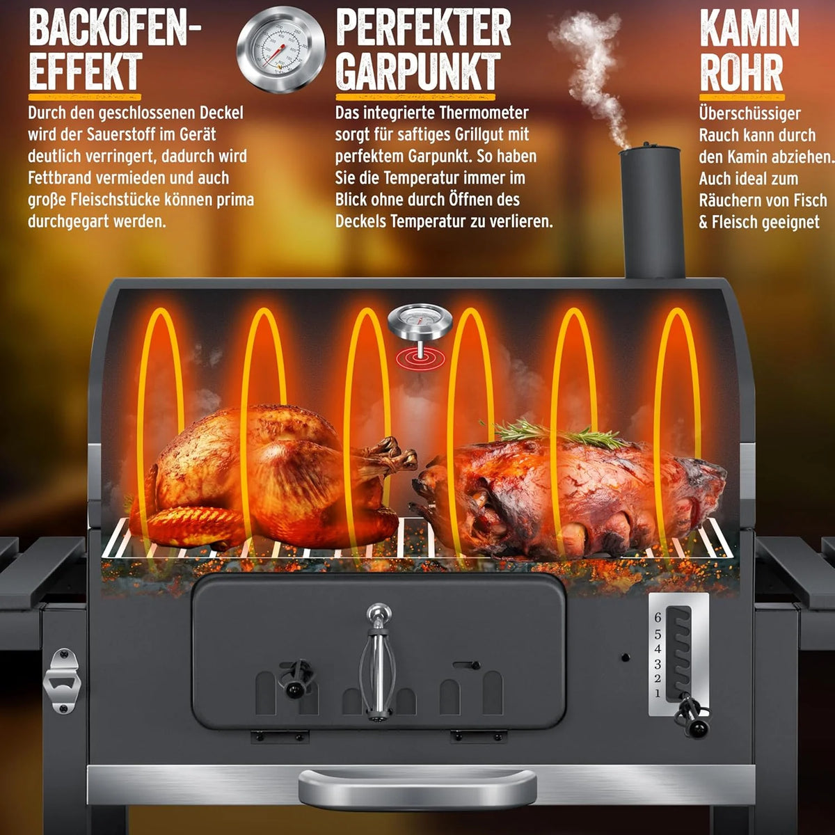 KESSER® Churrasqueira a Carvão com Carrinho Grelhador com Tampa, Rodas, Puxador em Aço Inoxidável | Grelhador e Termómetro a Carvão Grande BBQ Assador Acampamento, Terraço, Jardim XXL Cinza