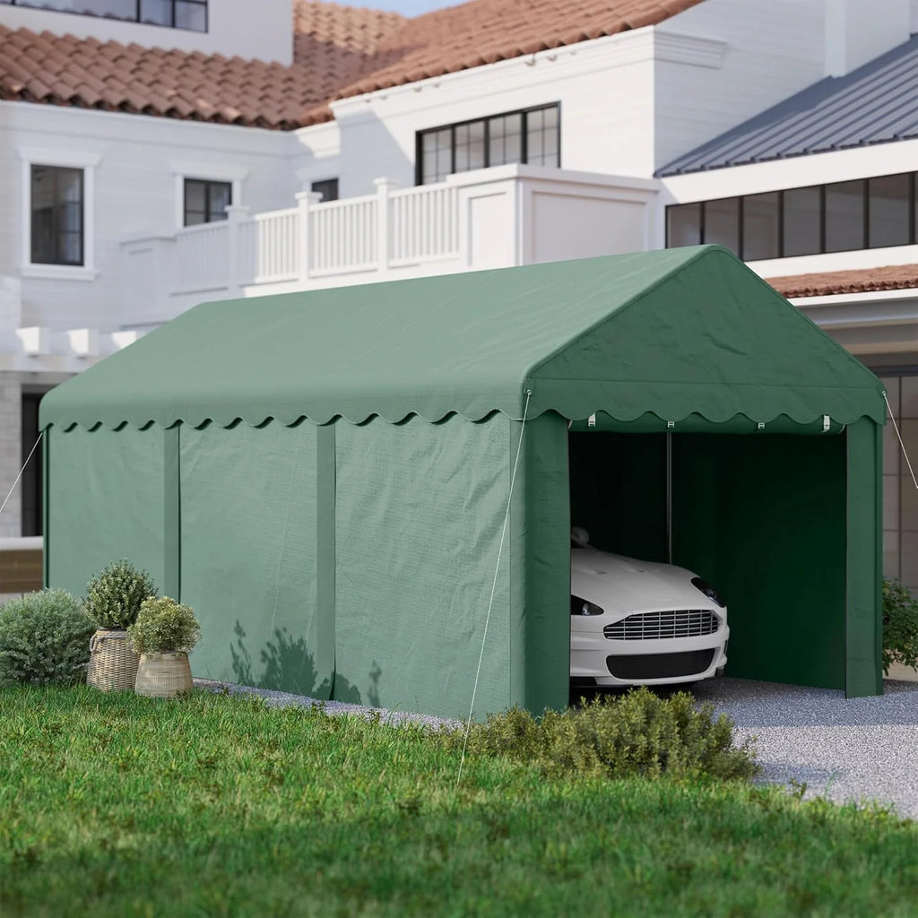 Outsunny Garagem Barraca 6x3m Garagem Externa para Carro Impermeável Garagem Portátil Anti-UV com Paredes Laterais Removíveis e 2 Portas com Zíper Verde