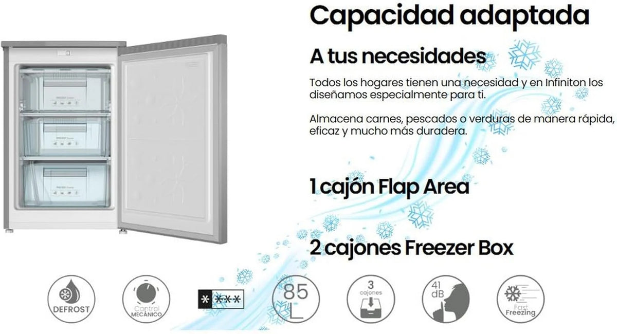 INFINITON CV-A85I - Congelador vertical, 80 litros, 85 cm, 3 gavetas, Controle de temperatura, Porta reversível, Regulagem de altura, E, Inox
