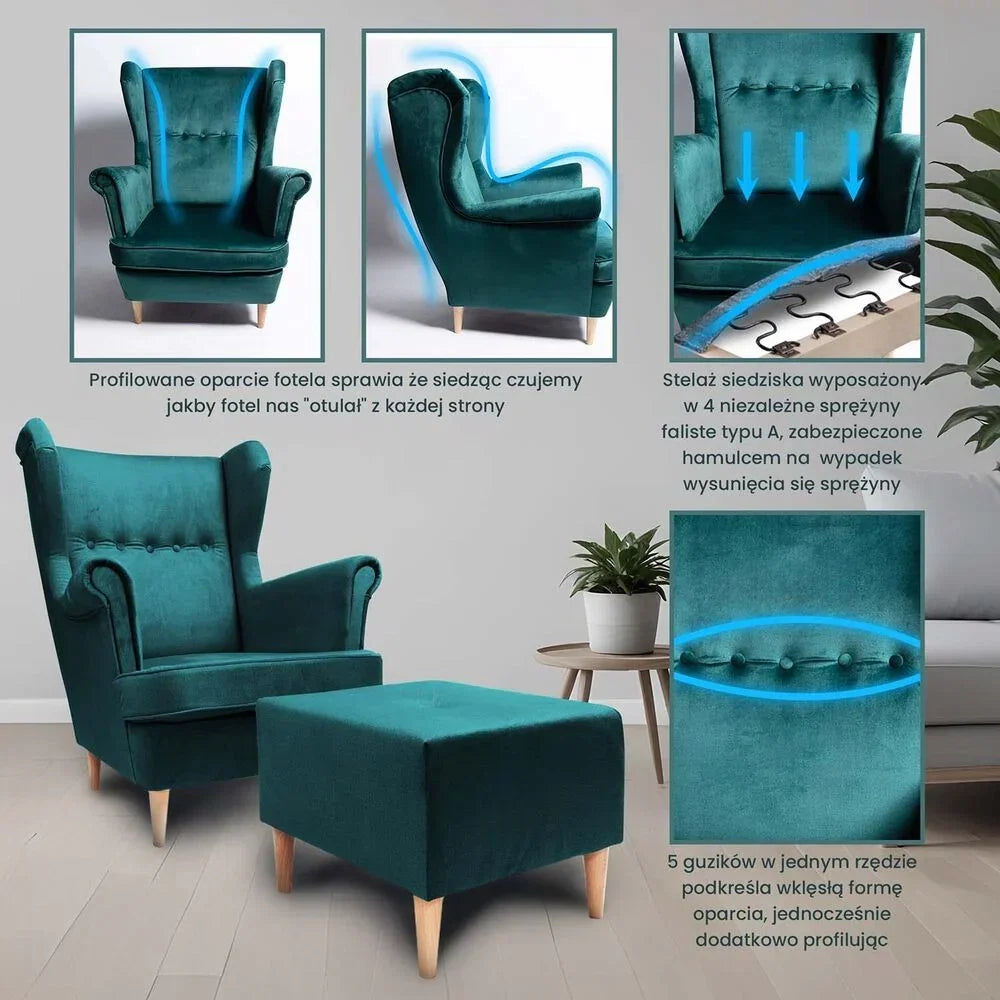 Poltrona de Orelha com Puff Jane, Verde