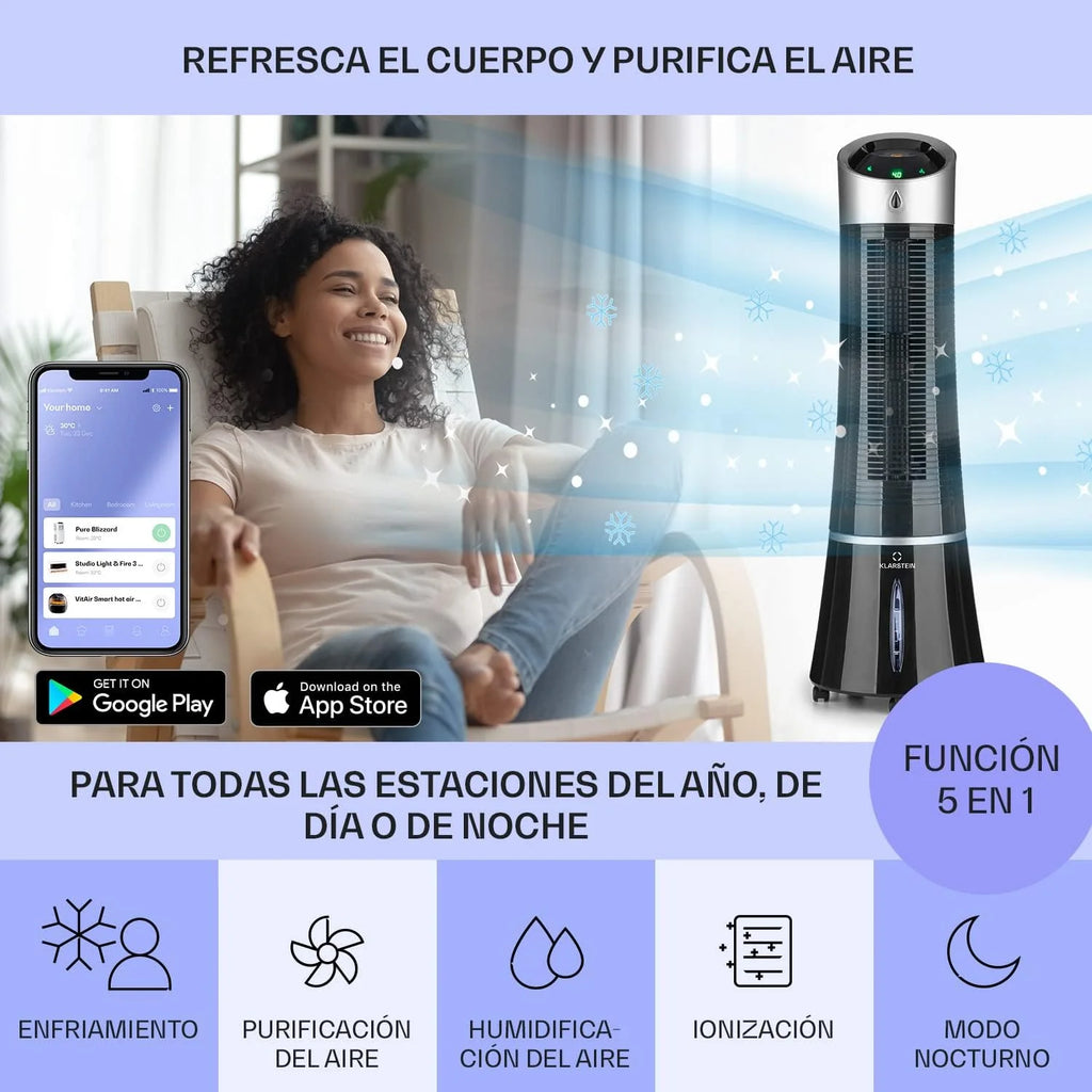 Klarstein Skyscraper Ice Smart Climatizador Evaporativo – 4 em 1: Ventilador, Resfriador, Purificador & Umidificador, 210 m³/h, Controle por App & Alexa, Tanque de 6L, Oscilação, Ionizador, Preto