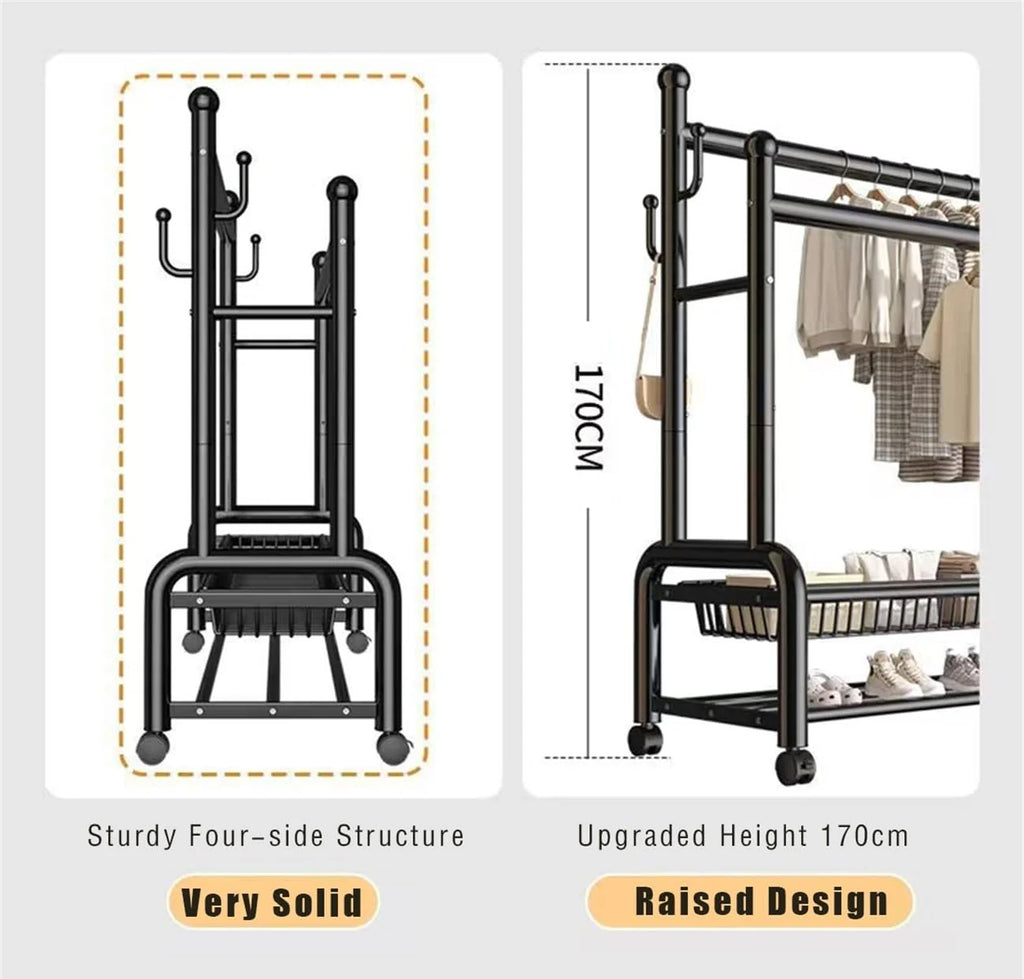 Cabideiro de Metal com Rodas, Cabideiro de Aço Carbono com 2 Prateleiras e 2 Barras de Roupas, Removível