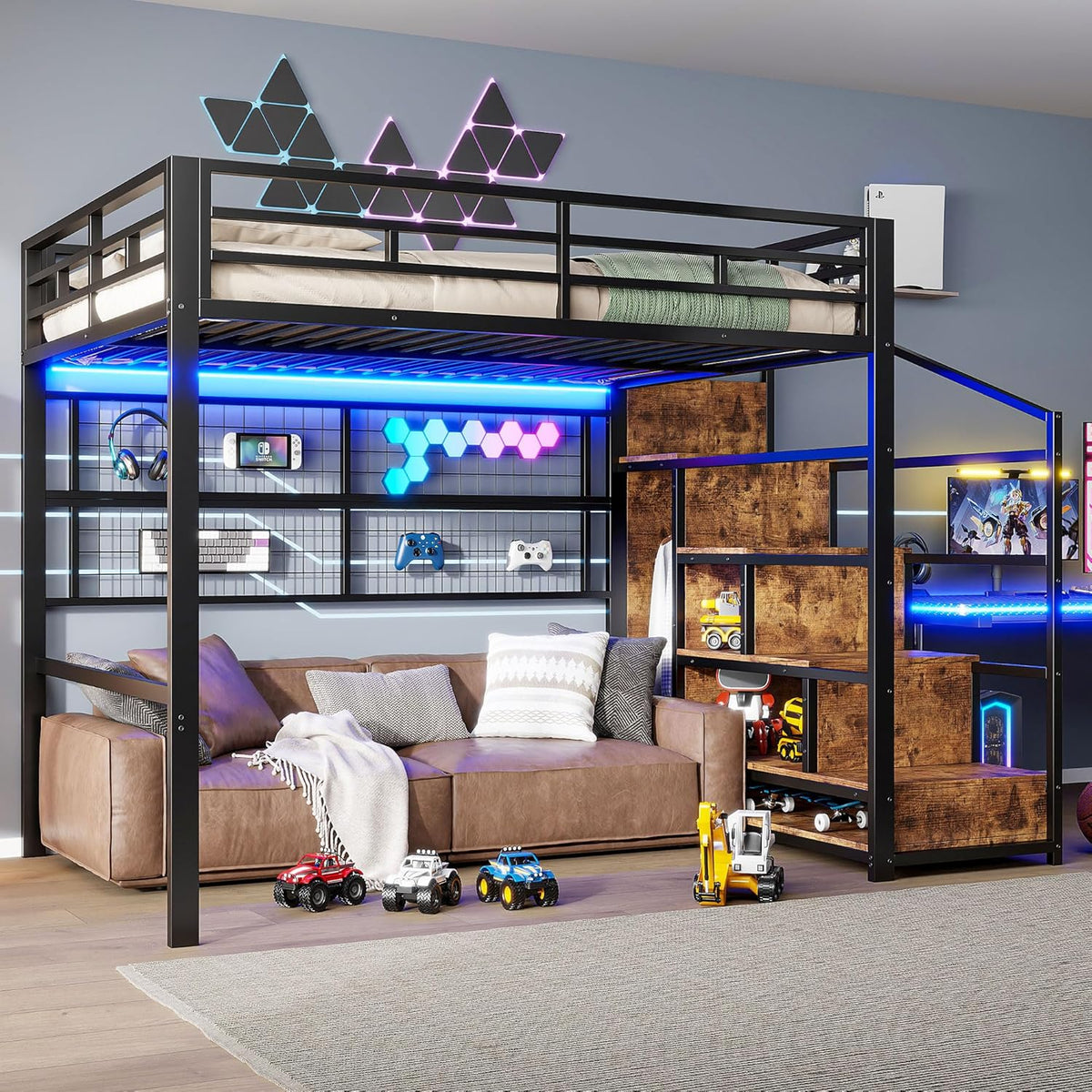 Cama alta (140 x 200 cm), estrutura de ferro, armário, escada com compartimentos, grade para pendurar objetos, espaço livre embaixo da cama, luzes LED de 7 cores, sem colchão, cor preta