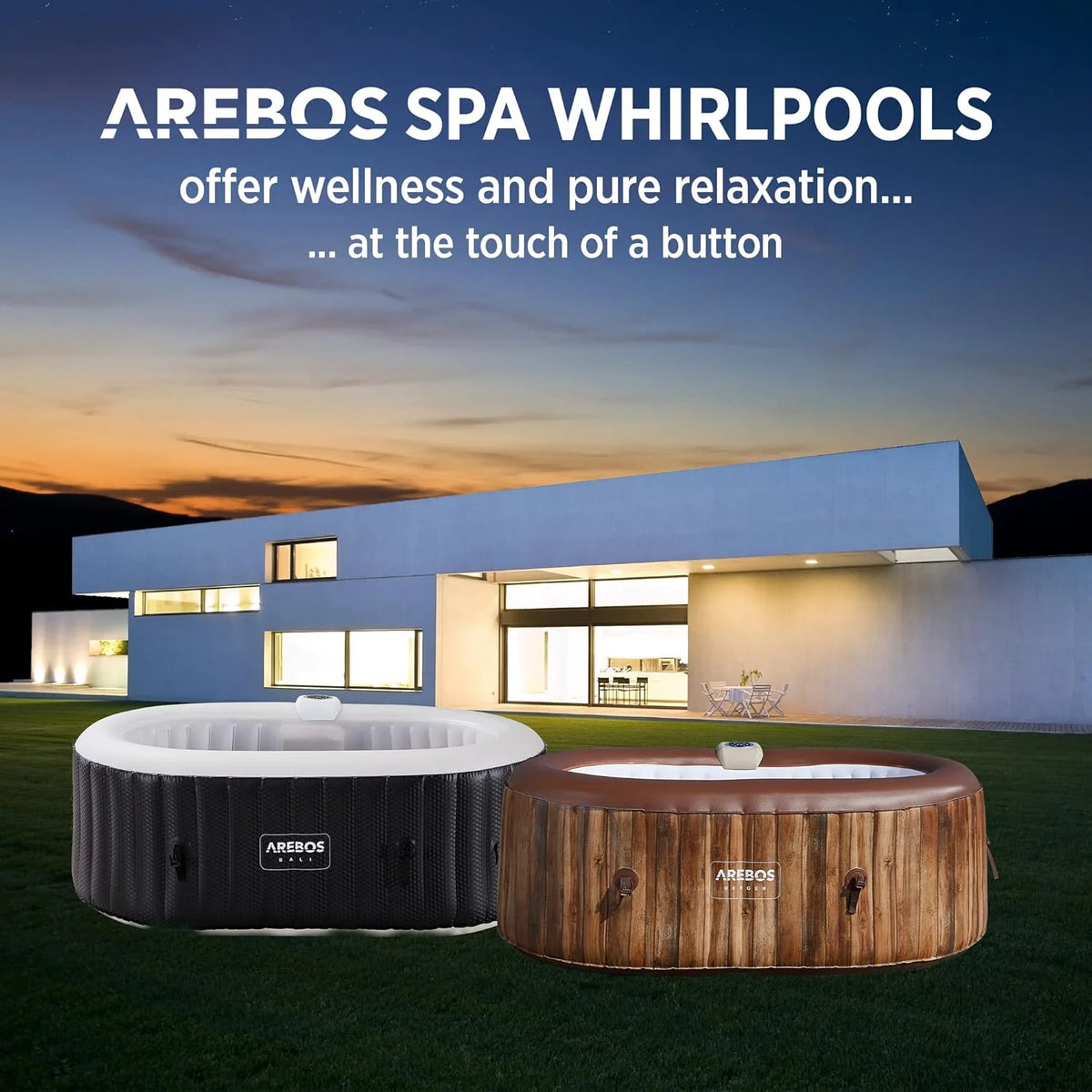 Banheira de Hidromassagem Arebos com iluminação LED | SPA Inflável | Interno e Externo | 190x120 cm Oval | 2 Pessoas | 90 jatos de Massagem | Aquecida | 550 Litros | Inclui Cobertura