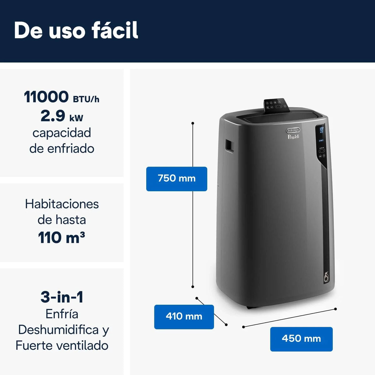Pingüino PACEL112 Silent Ar Condicionado Portátil Silencioso com Tecnologia Eco Real Feel e Cool Surround, Função Desumidificadora, 2.9 kW, 63 dB, Plástico, Preto, Classe A, até 110m3
