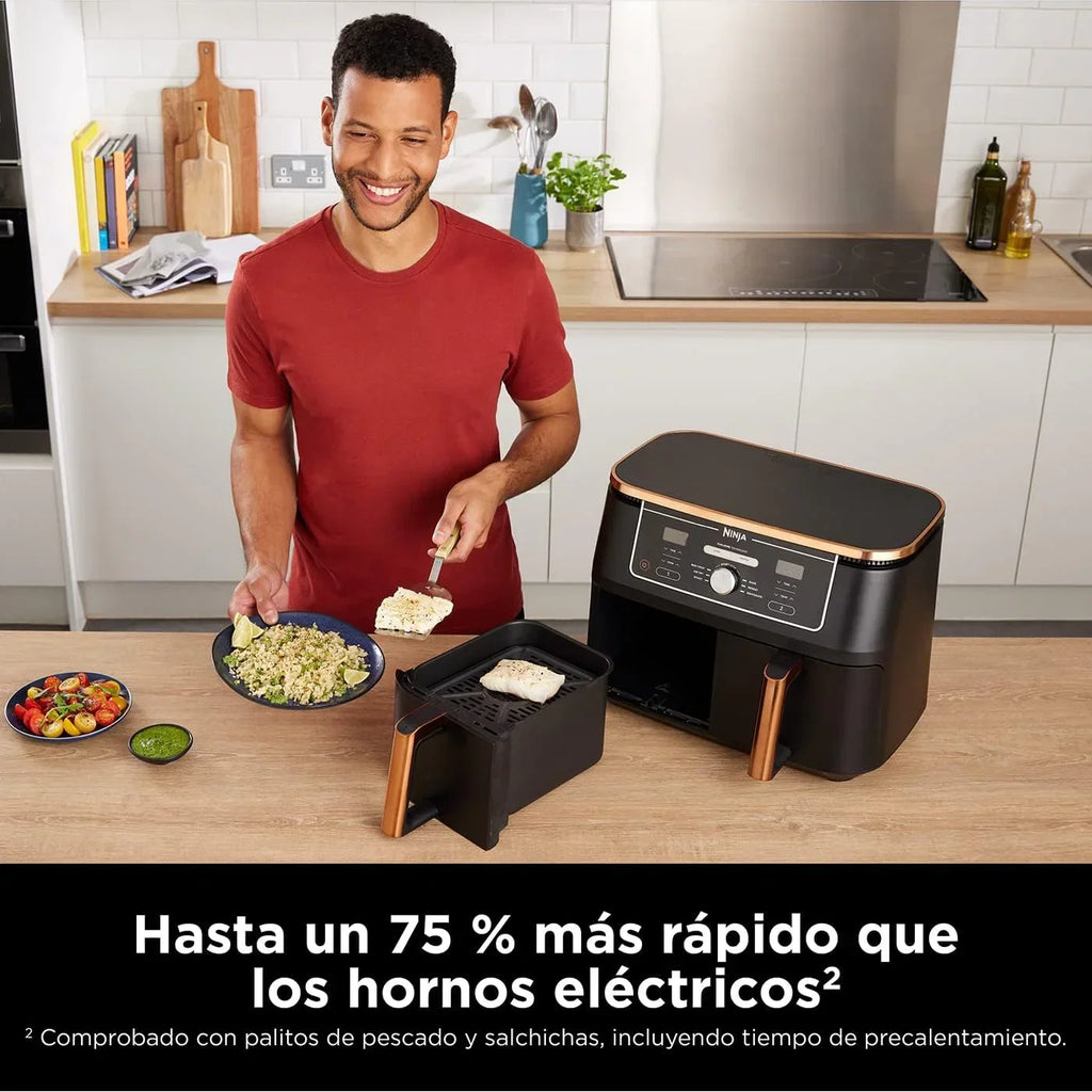 Fritadeira Ninja Foodi MAX de Compartimento Duplo, 9.6L, 6 em 1, Sem Óleo, Max Crisp, Assar, Grelhar e Mais, Pinças, 8 Porções, Cestos Antiaderentes, Cobre e Preto, AF400EUCP
