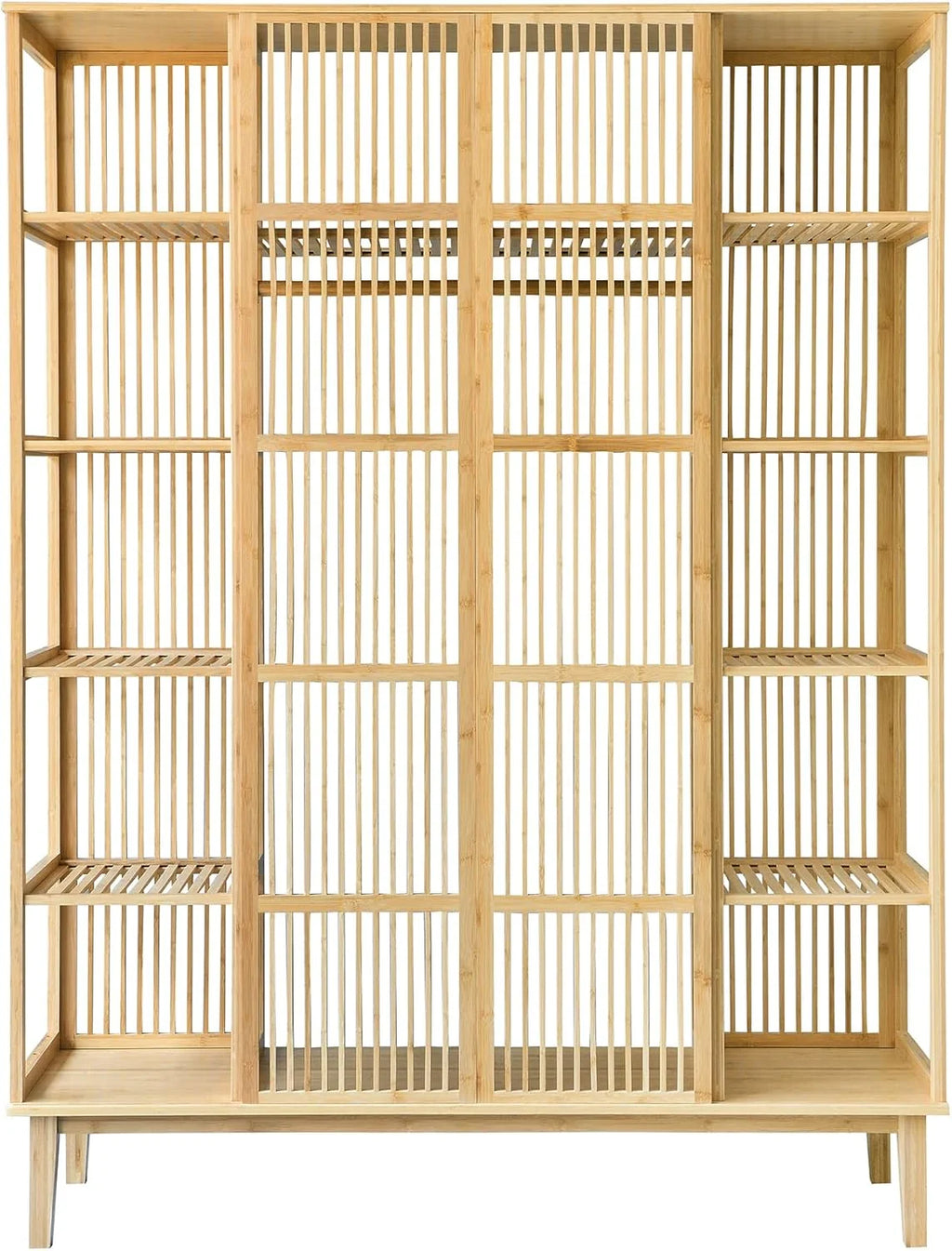[en.casa] Guarda-Roupa com 2 Portas Deslizantes Roupeiro com 12 Prateleiras e 1 Varão de Bambu 185 x 140 x 45 cm Natural
