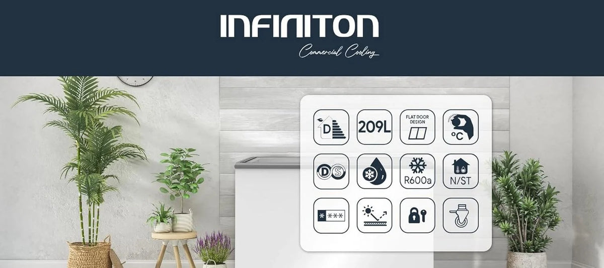 INFINITON Arca Congeladora Industrial FCH-209CC82WEC, 209 Litros, Porta com design Flat door, Controle de temperatura Mecânico, D, Rodas, Fecho de segurança com chave