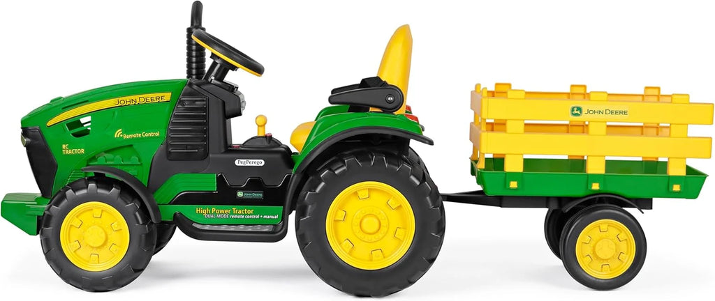 Trator RC John Deere da Peg Perego – Trator elétrico infantil com deslizamento e controle remoto, 12 V, com reboque, controle remoto, 2 rodas motrizes, rádio FM, 1 ano