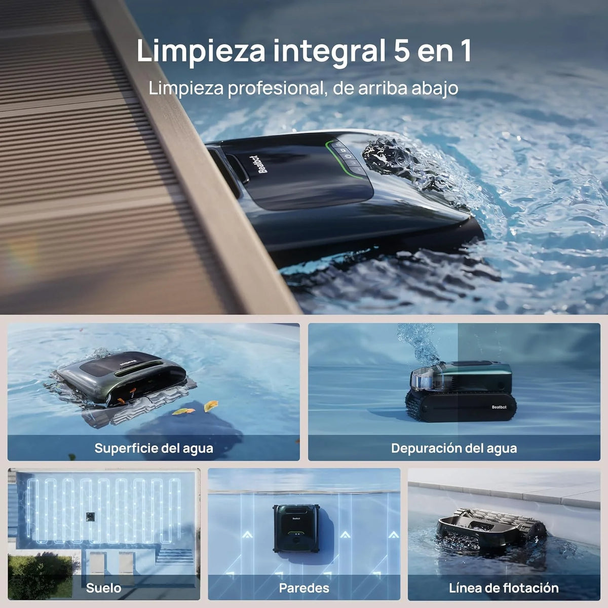 Beatbot AquaSense 2 Pro - Robô Aspirador de Piscina, Limpeza 5 em 2 Inigualável, Limpa a Superfície da Água com Navegação Remota, Estacionamento em Superfície, Clareia a Água, para Piscinas