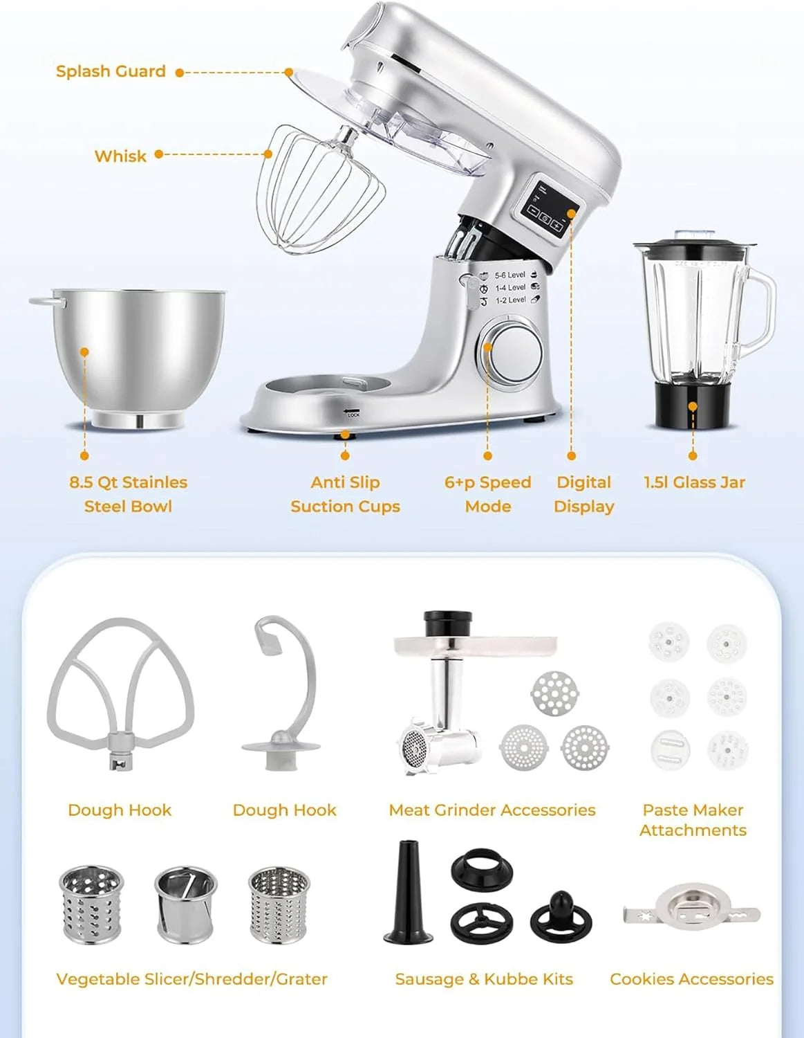 Batedeira planetária de 8L - Batedeira elétrica de cozinha com tela LED, 6 velocidades, cabeça inclinável, tigela de aço inoxidável, inclui moedor de carne, gancho de massa, batedor