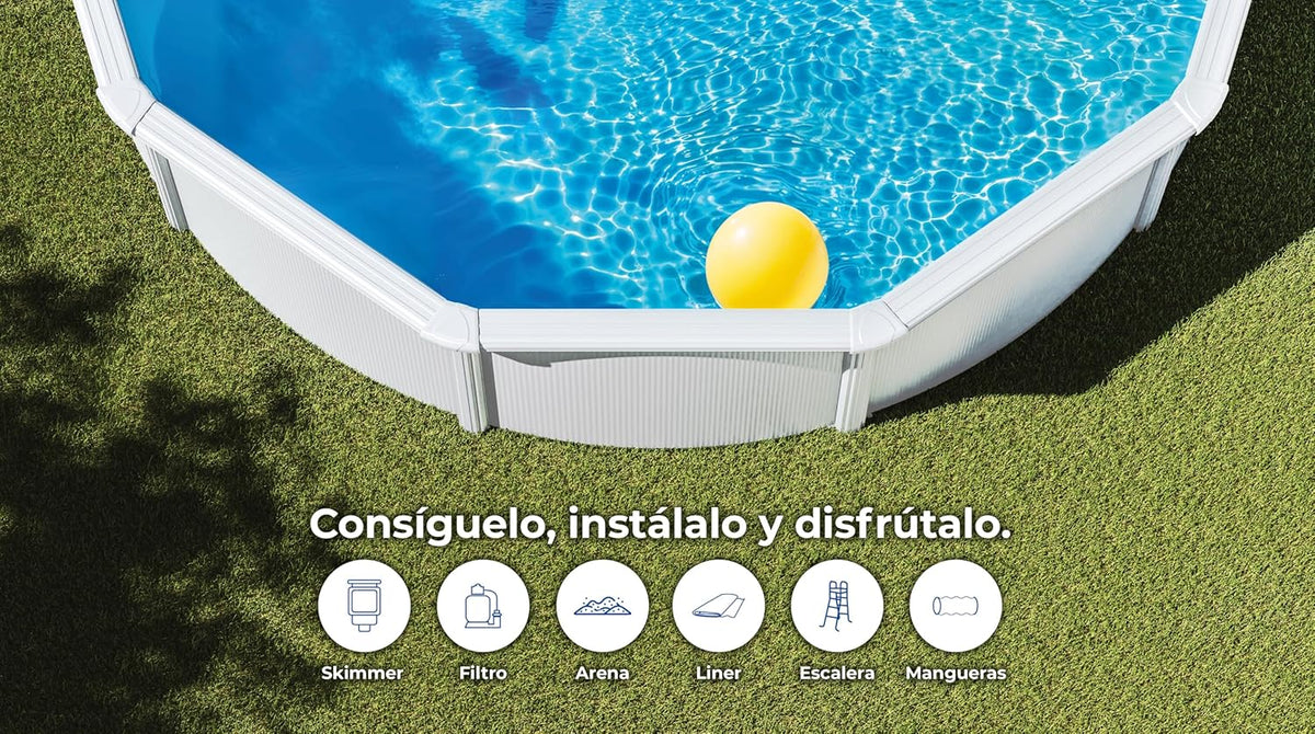 Piscina Elevada de Aço Redonda com Acabamento em Aço Branco. Piscinas Desmontáveis para Jardim 350 x 120 cm - Piscina Gre KIT350ECO Fidji.