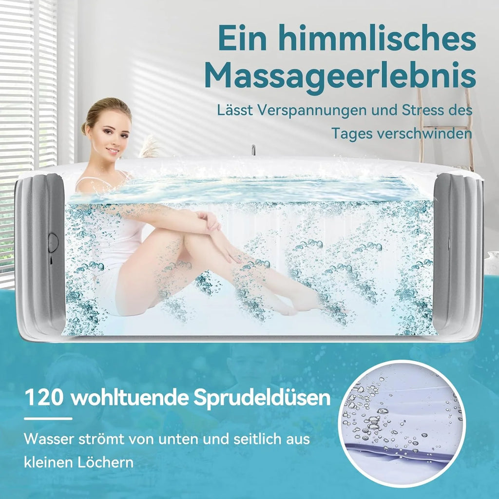 Banhira de Hidromassagem Inflável para 4 Pessoas, 2400 W, Interno/Externo, Piscina de Spa de Inverno, com 120 Jatos de Ar, Proteção Contra Congelamento, 799 Litros, À Prova de Vazamento, Economia de Energia