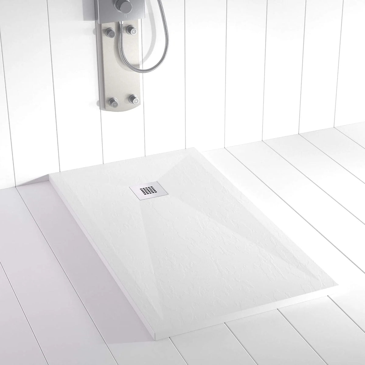 Bandeja de Chuveiro Resina PLES Branco 150x80 – Textura Ardósia – Antiderrapante – Inclui grelha e sifão