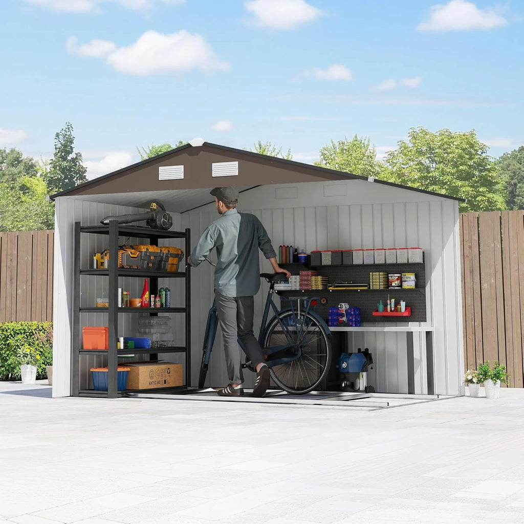Outsunny Abrigo de Jardim Exterior, 5 m² 277x195x192 cm, Abrigo de Jardim Exterior Metálico com 2 Portas Deslizantes, Base de Reforço (Chão NÃO Incluído) e 4 Janelas, Castanho