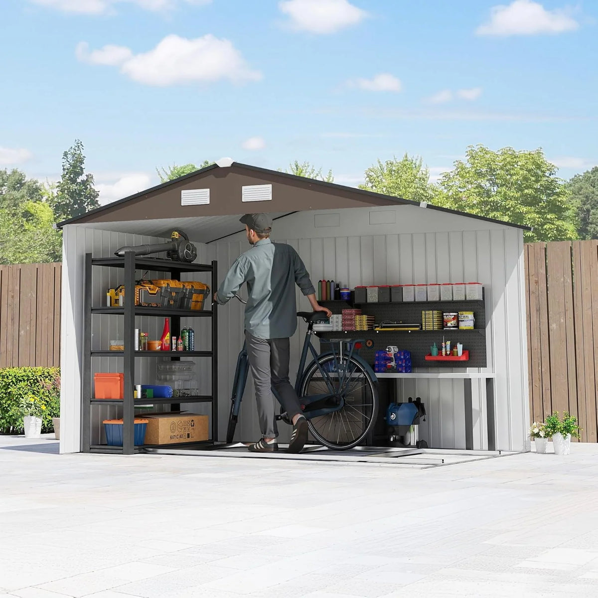 Outsunny Abrigo de Jardim Exterior, 5 m² 277x195x192 cm, Abrigo de Jardim Exterior Metálico com 2 Portas Deslizantes, Base de Reforço (Chão NÃO Incluído) e 4 Janelas, Castanho