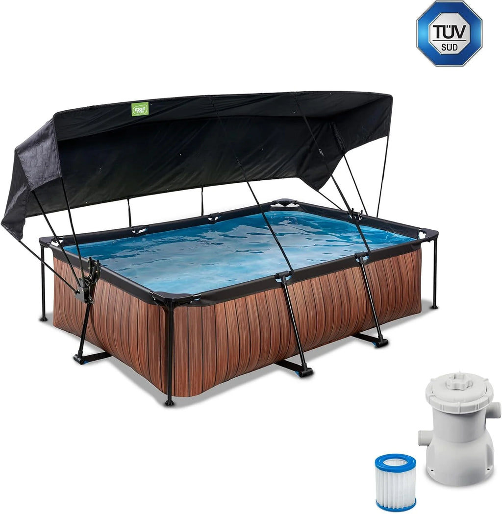 EXIT Toys Wood Pool com Toldo Solar - 220x150x65cm - Piscina de Estrutura Retangular Compacta com Bomba de Filtro de Cartucho - Proteção UV Ótima - Fácil Acesso - Design Exclusivo - Marrom