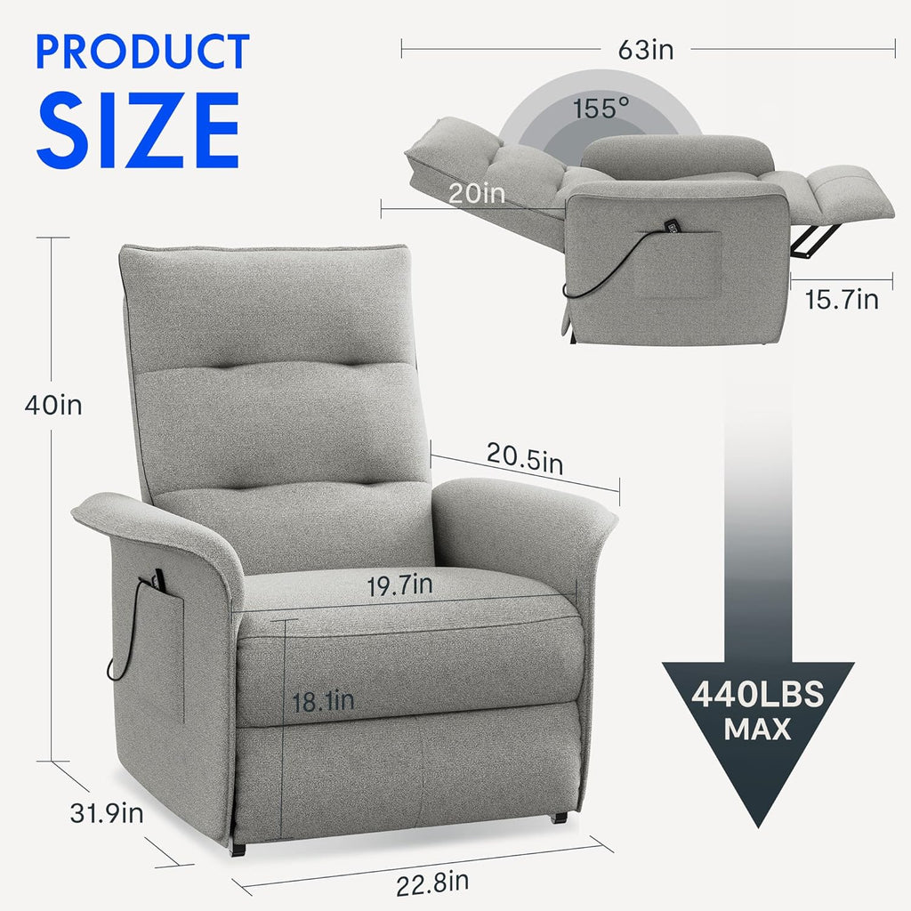 FLEXISPOT Poltrona Reclinável Elétrica com Encosto Ajustável, Reclinação de 105° a 155°, Poltrona Reclinável, Sofá Relax Ergonômico para Quarto, Sala de Estar e Home Theater (Cinza Escuro)