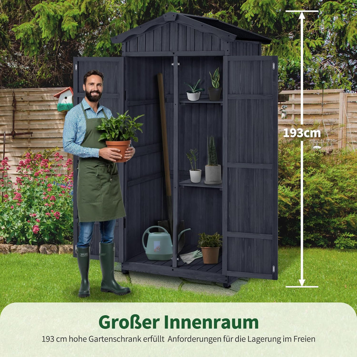 MCombo Armário de Jardim, Galpão de Madeira Resistente às Intempéries, Armário Exterior Impermeável com Chão, para Uso Externo em Varandas, 74×99×193 cm (Cinza Antracite)