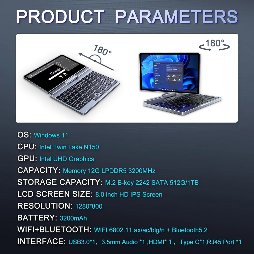 Mini Portátil 8" 2 em 1, Notebook Win 11, N150 (até 3.6 GHz), 12 GB RAM 1 TB SSD, Tela Sensível ao Toque HD, Teclado Retroiluminado, Wi-Fi 6, USB-C, PC Leve e Portátil para