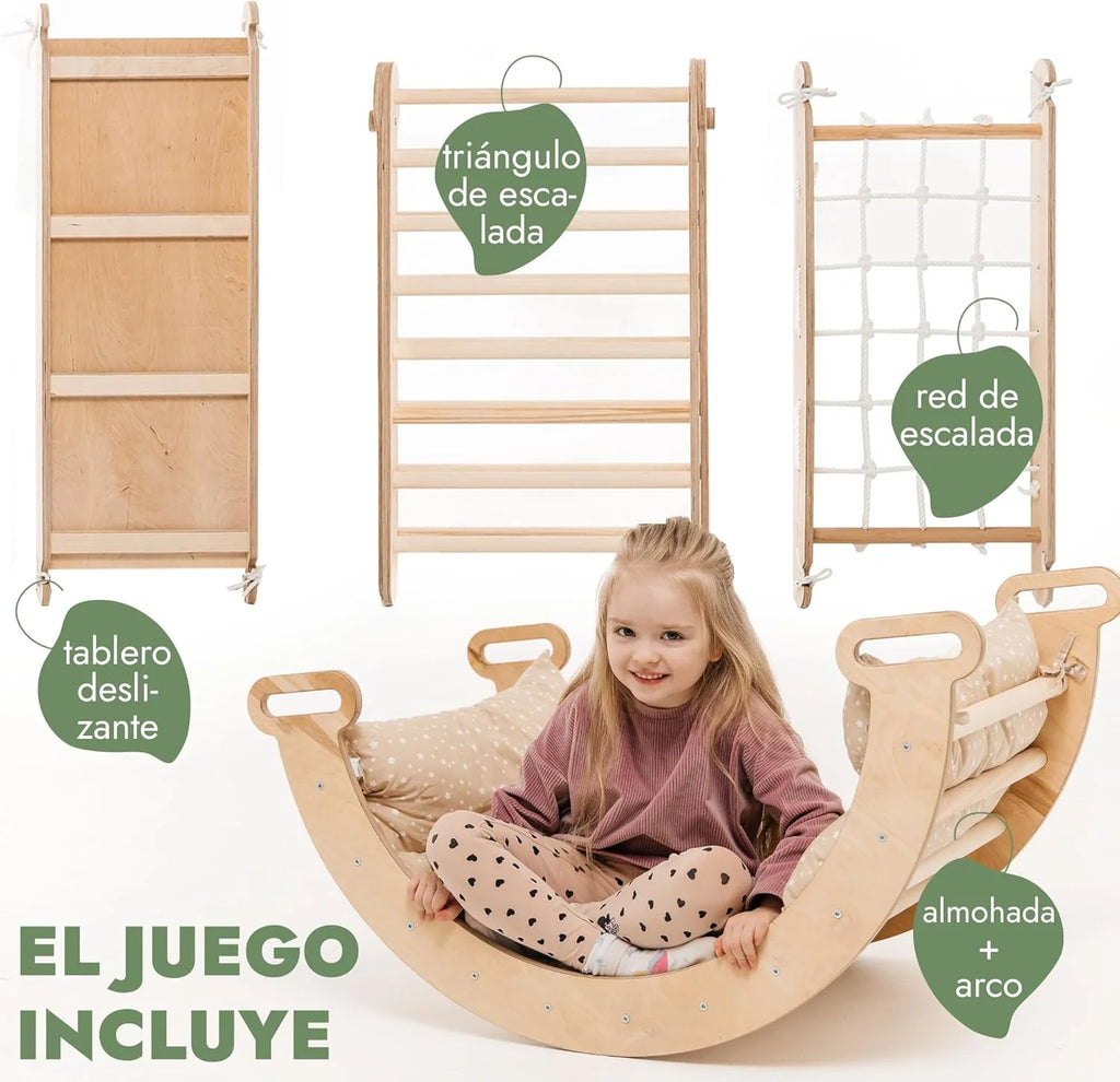 Conjunto de Escalada Montessori 5 em 1 para Crianças - Ginásio de Escalada de Madeira com Escada Triângulo, Arco, Rampa de Escalada, Rede e Almofada - Ginásio de Madeira para Crianças