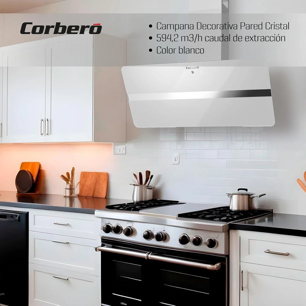 Corberó - Coifa de Parede 90 cm | VICTORIA960W | 594,2 m3/h | 67db | 165W | 3 Velocidades | Controle Touch | Vidro Temperado | Filtro de Alumínio + Filtro de Carvão | Vidro Branco