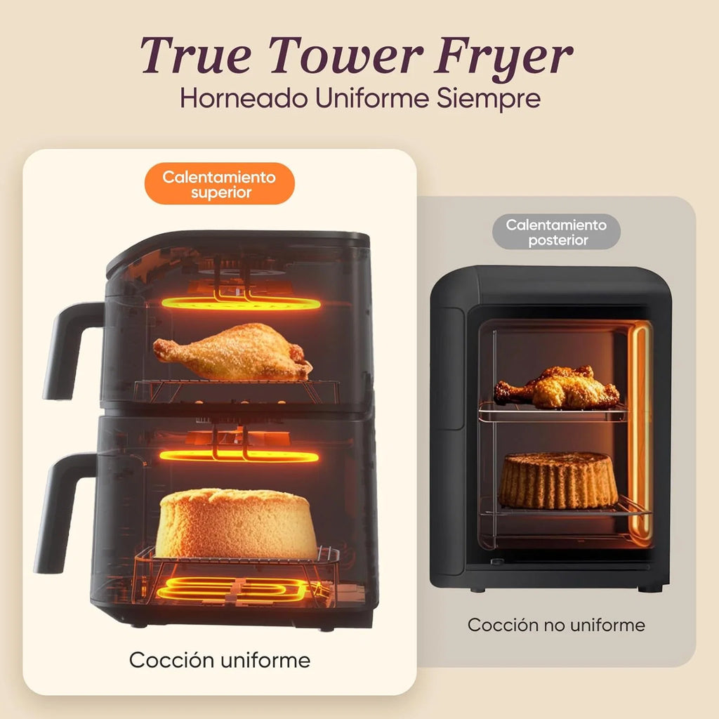 Cosori Turbo Tower Fritadeira de Ar 10,8L com Cestas Verticais, Cozedura em 3 Níveis que Poupa Espaço, 2630 W, 6 funções, 2 Motores DC, Mais de 50 Receitas Completas Online