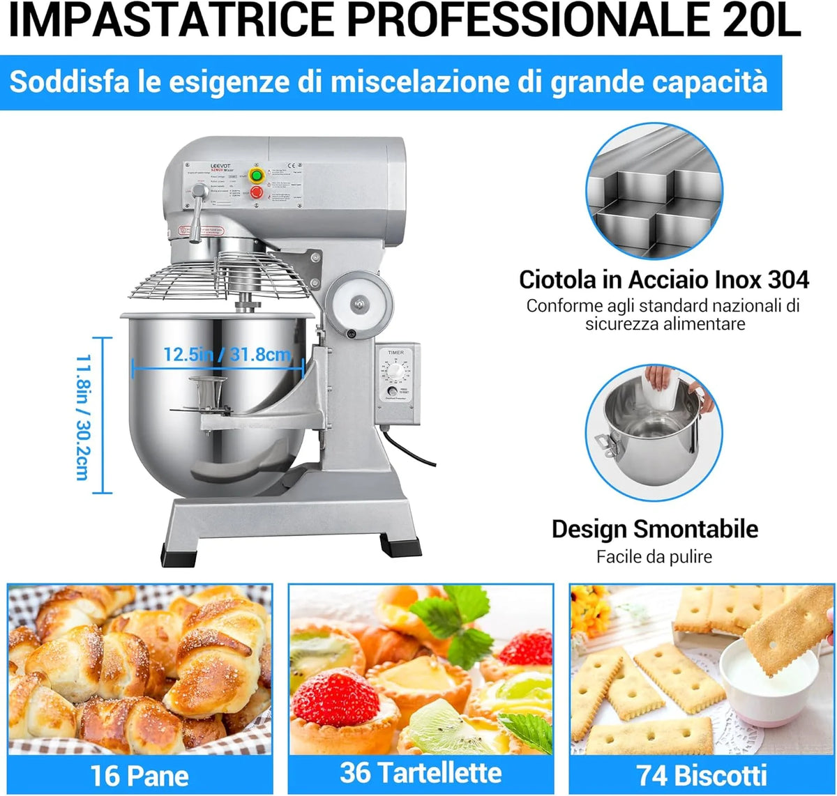Amassadeira planetária comercial (1, Versão com temporizador 20L)