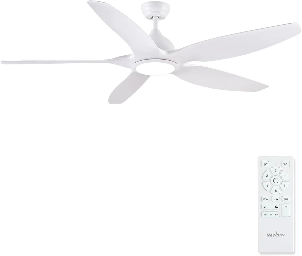 Newday 153cm Grande Ventilador de Teto Branco com Luz e Controle Remoto, LED Dimmer, Motor DC Reversível para Uso no Verão e Inverno, 5 Pás Silencioso para Quarto Sala de Estar e Varanda