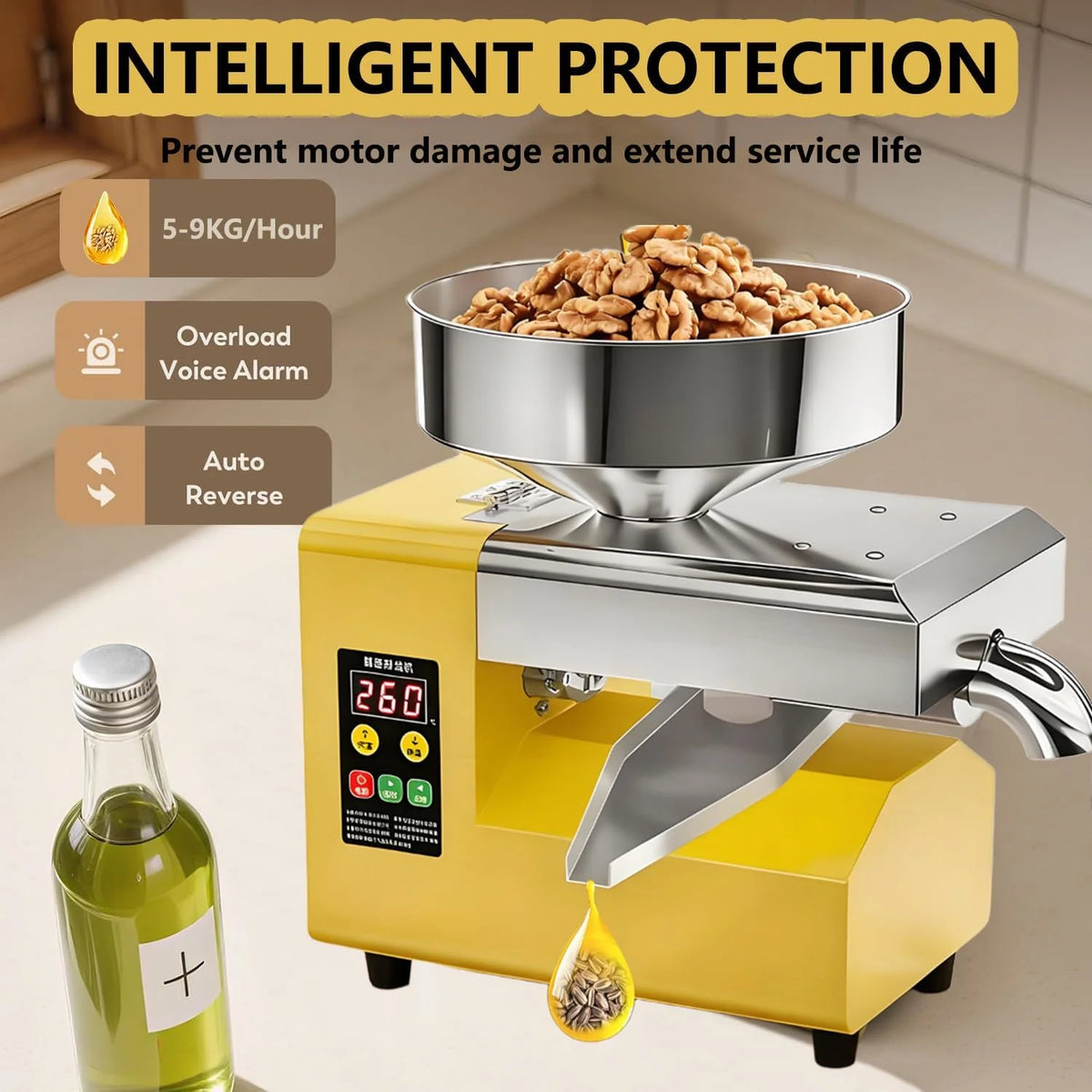 Prensa de Óleo Elétrica Automática 1500W | Extrator de Óleo de Aço Inoxidável a Frio e Quente | Para Caroços de Azeitona, Nozes, Gergelim, Coco, Soja, Amêndoas | Controle Inteligente de Temperatura