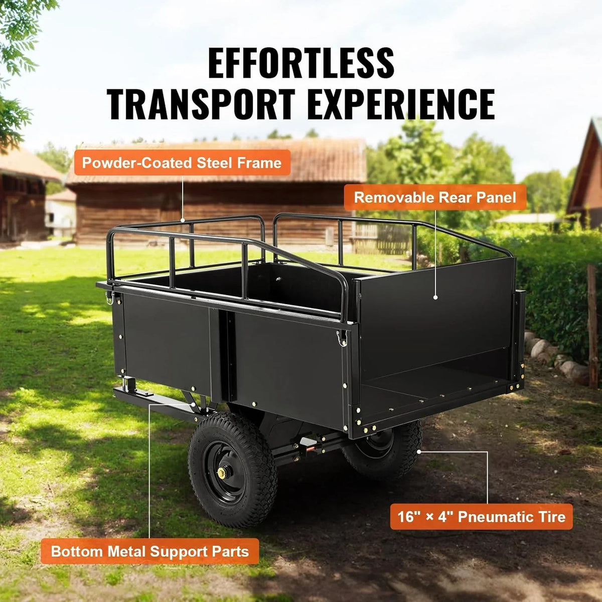 VEVOR Reboque Basculante Capacidade de Carga 340kg Reboque Utilitário de Jardim para Serviço Pesado com Laterais Removíveis Carrinho de Transporte Basculante de 0,4m³ para Trator, Cortador de Grama, ATV, 200x66x76cm