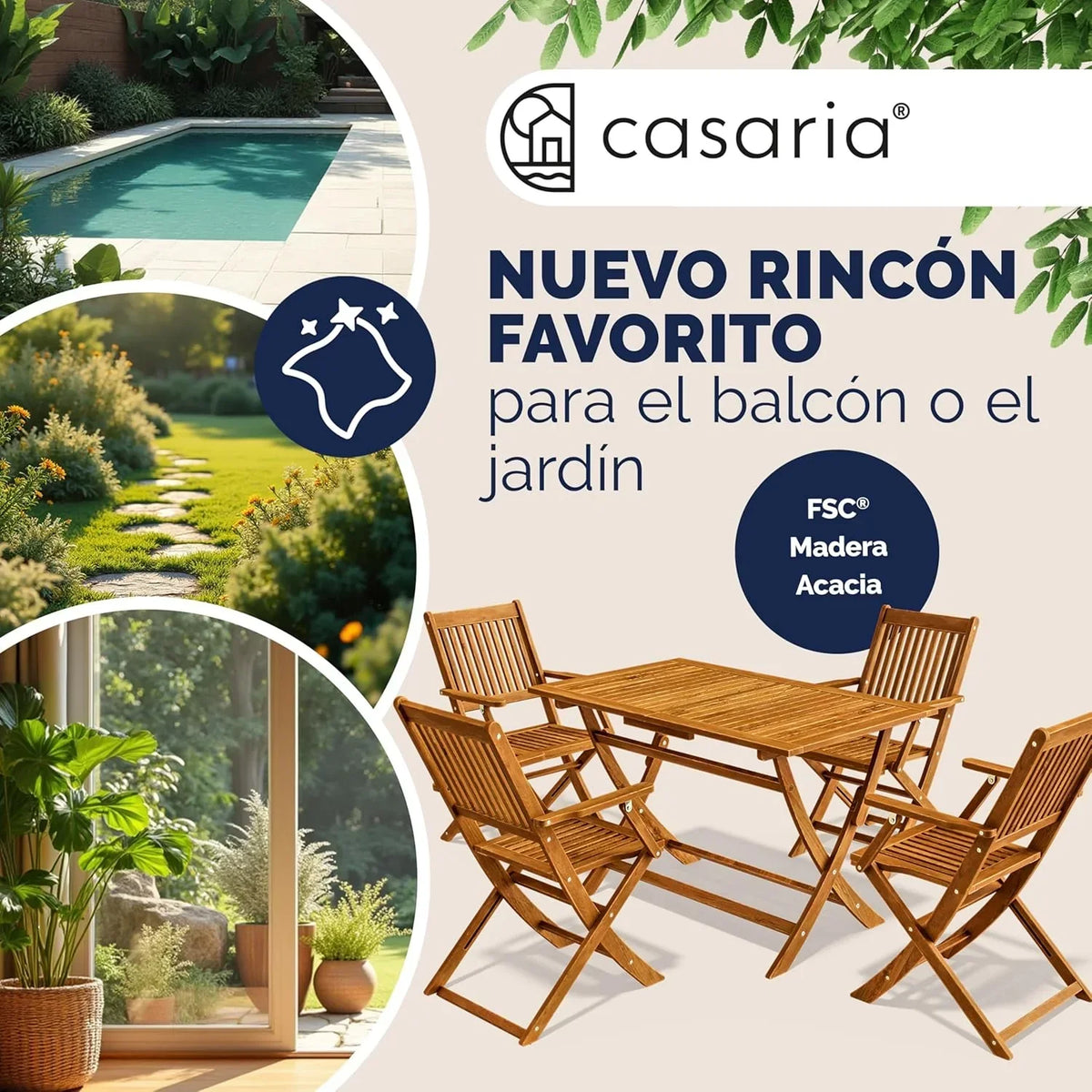 CASARIA® Conjunto de Mesa e 4 Cadeiras para Jardim Externo FSC® Madeira de Acácia Conjunto de Jantar Varanda Terraço Pátio 5 Peças Mesa Dobrável Assentos Braços Durável Resistente às Intempéries 120 x 70 cm